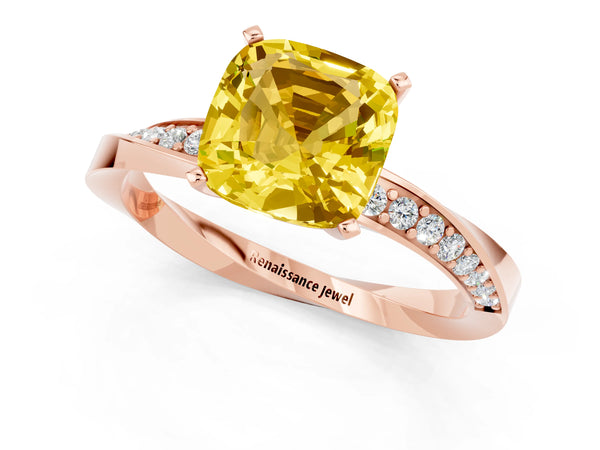 Rose gold Cushion Cut Yellow Sapphire Engagement Ring with Side Stone Accents and Four-Prong Setting