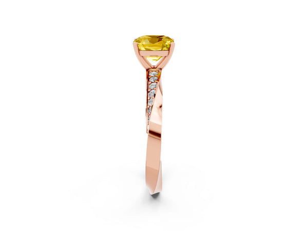 Rose gold Cushion Cut Yellow Sapphire Engagement Ring with Side Stone Accents and Four-Prong Setting