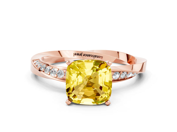 Rose gold Cushion Cut Yellow Sapphire Engagement Ring with Side Stone Accents and Four-Prong Setting
