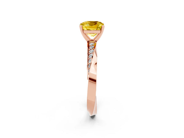 Rose gold Cushion Cut Yellow Sapphire Engagement Ring with Side Stone Accents and Four-Prong Setting
