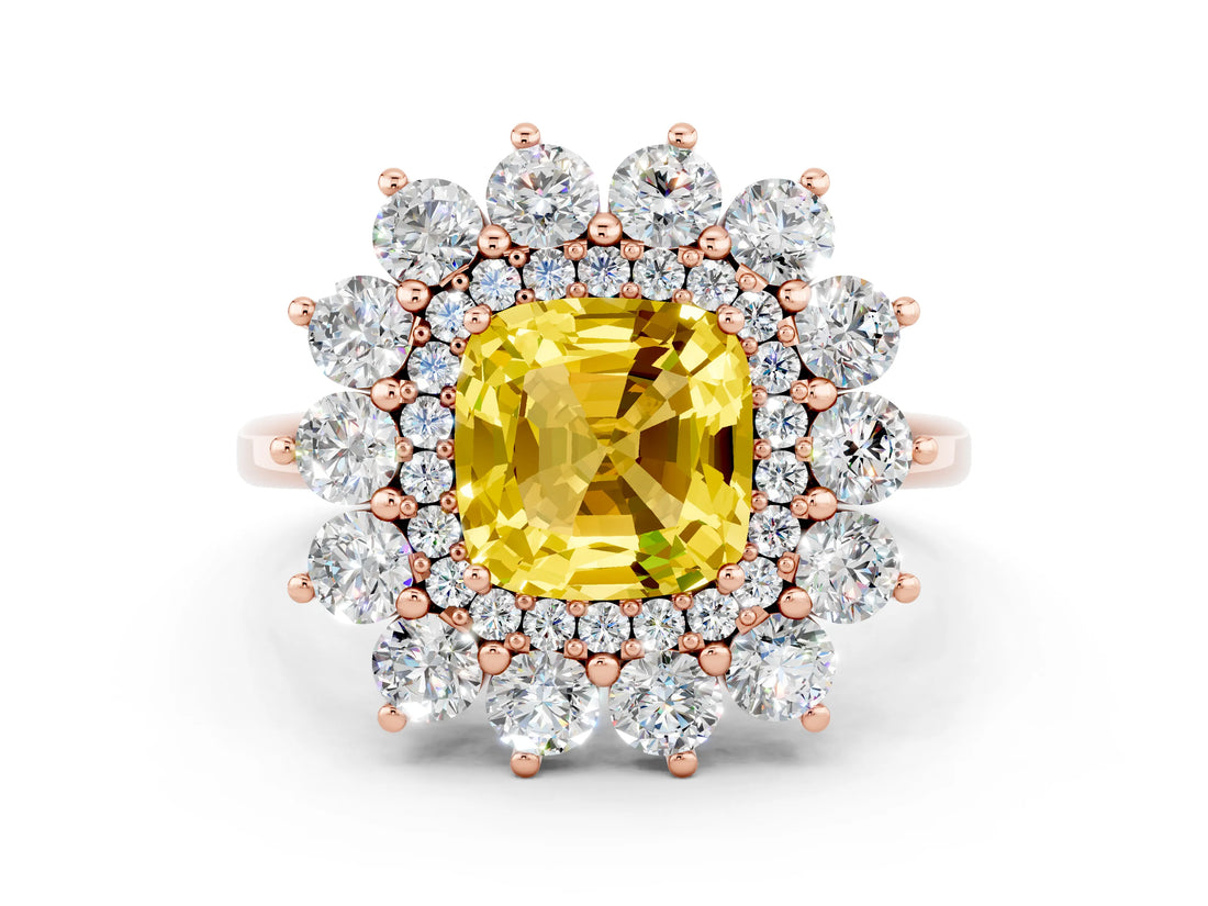 Rose gold Cushion Cut Yellow Sapphire Floral Double Halo Engagement Ring with Prong Setting_48