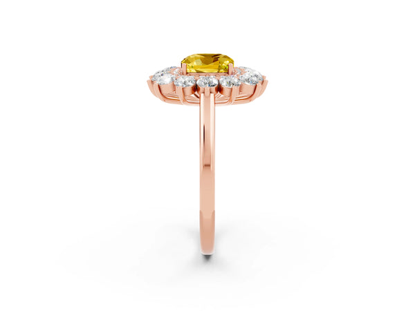 Rose gold Cushion Cut Yellow Sapphire Floral Double Halo Engagement Ring with Prong Setting