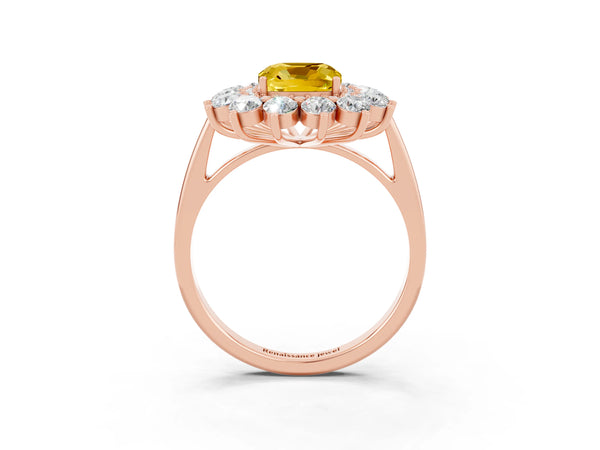 Rose gold Cushion Cut Yellow Sapphire Floral Double Halo Engagement Ring with Prong Setting