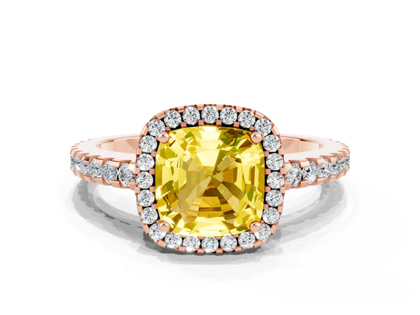 Rose gold Cushion Cut Yellow Sapphire Halo Engagement Ring with Pavé Band and Prong Setting