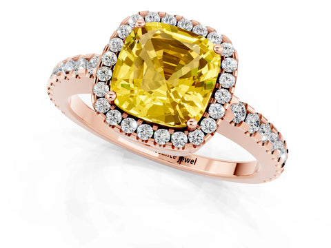 Rose gold Cushion Cut Yellow Sapphire Halo Engagement Ring with Pavé Band and Prong Setting_13