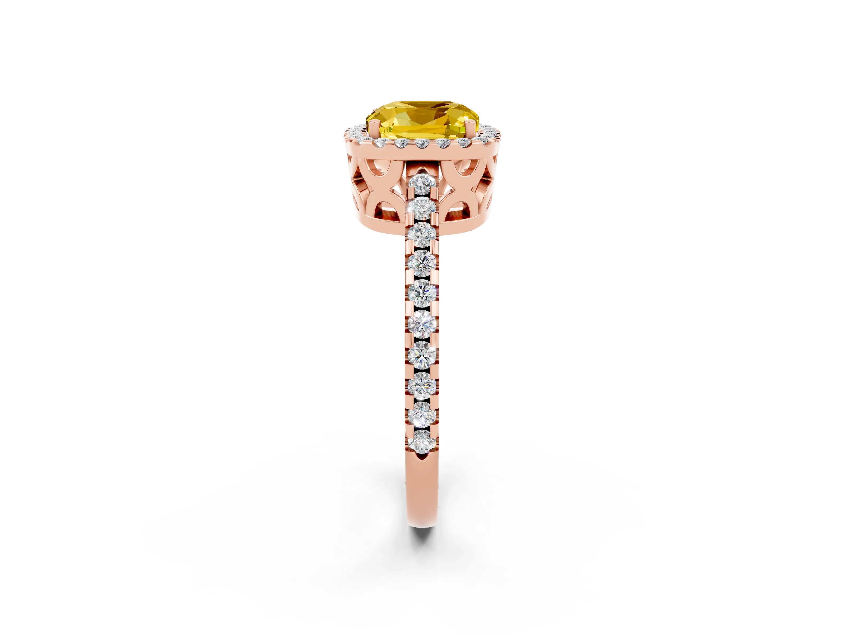 Rose gold Cushion Cut Yellow Sapphire Halo Engagement Ring with Pavé Band and Prong Setting_14