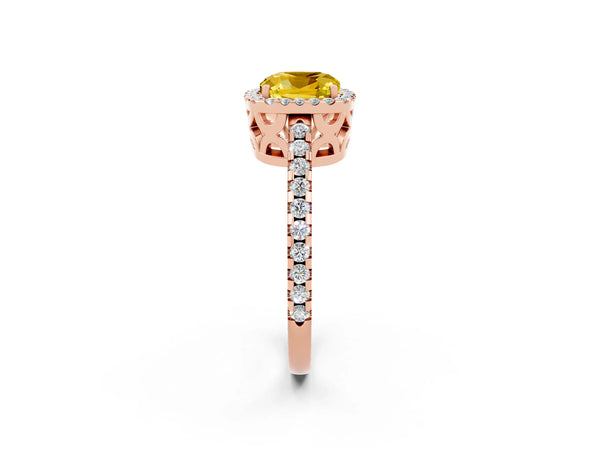 Rose gold Cushion Cut Yellow Sapphire Halo Engagement Ring with Pavé Band and Prong Setting