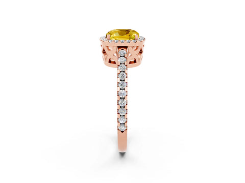 Rose gold Cushion Cut Yellow Sapphire Halo Engagement Ring with Pavé Band and Prong Setting_14
