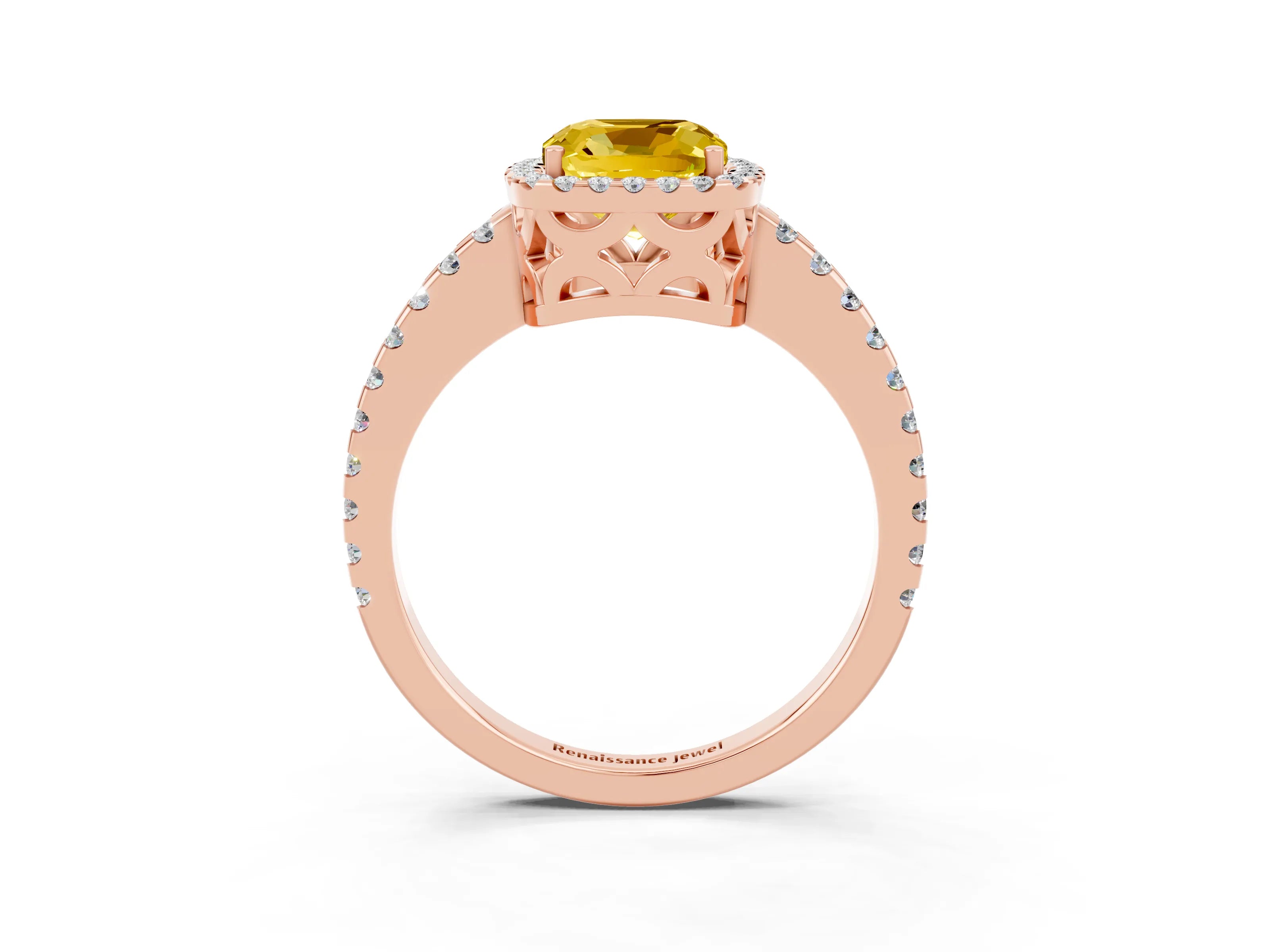 Rose gold Cushion Cut Yellow Sapphire Halo Engagement Ring with Pavé Band and Prong Setting_15