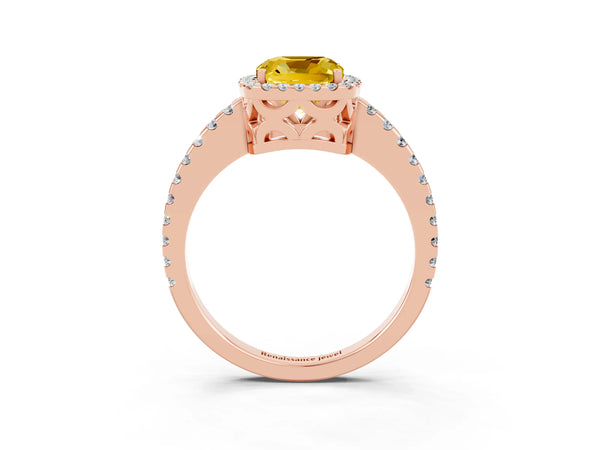 Rose gold Cushion Cut Yellow Sapphire Halo Engagement Ring with Pavé Band and Prong Setting