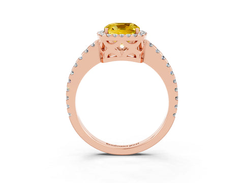 Rose gold Cushion Cut Yellow Sapphire Halo Engagement Ring with Pavé Band and Prong Setting_15