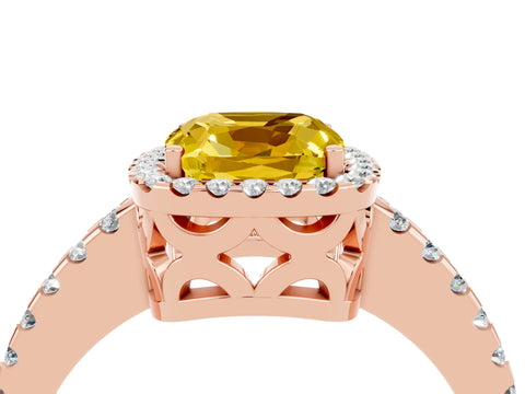 Rose gold Cushion Cut Yellow Sapphire Halo Engagement Ring with Pavé Band and Prong Setting_16