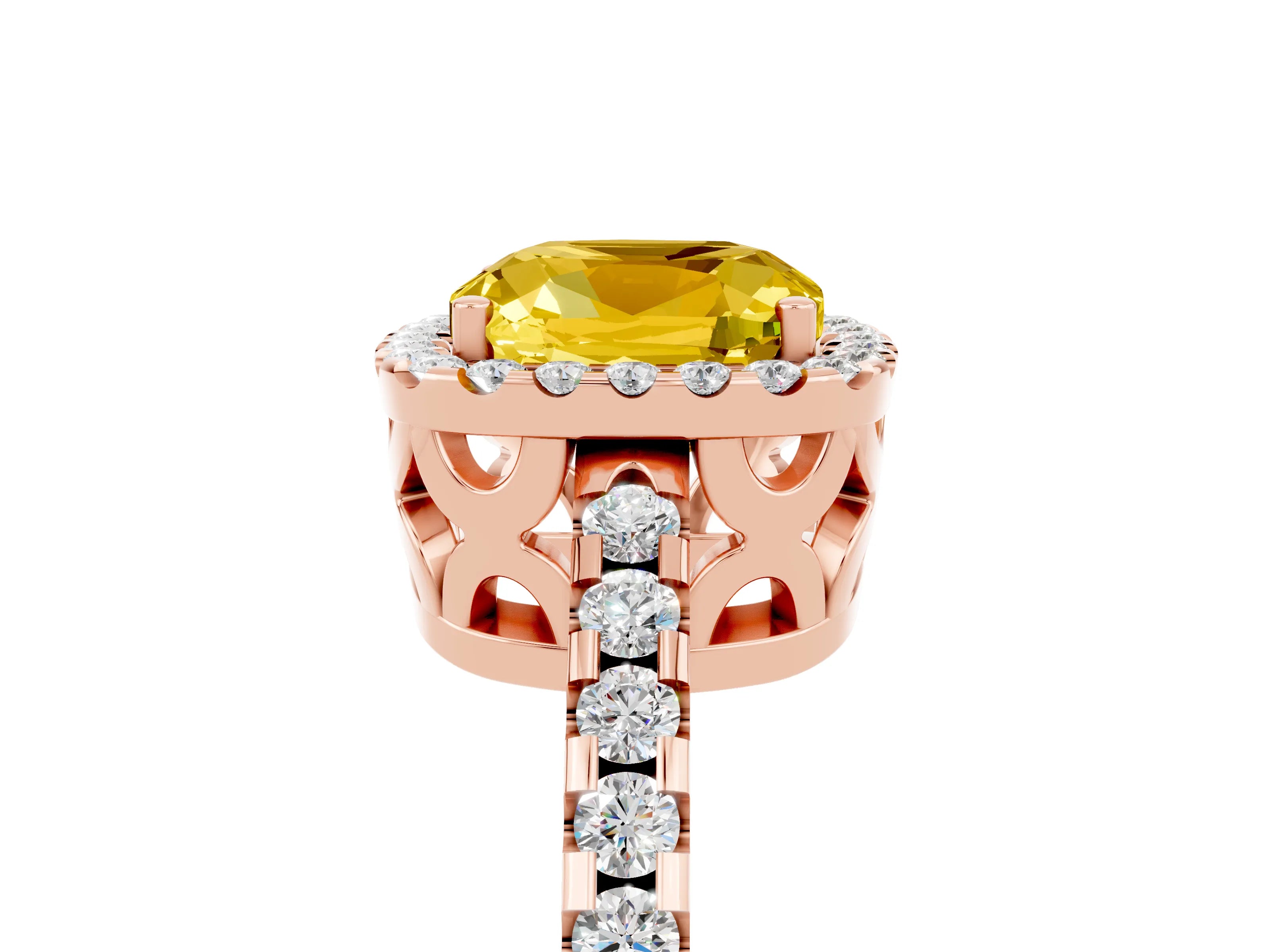 Rose gold Cushion Cut Yellow Sapphire Halo Engagement Ring with Pavé Band and Prong Setting_17