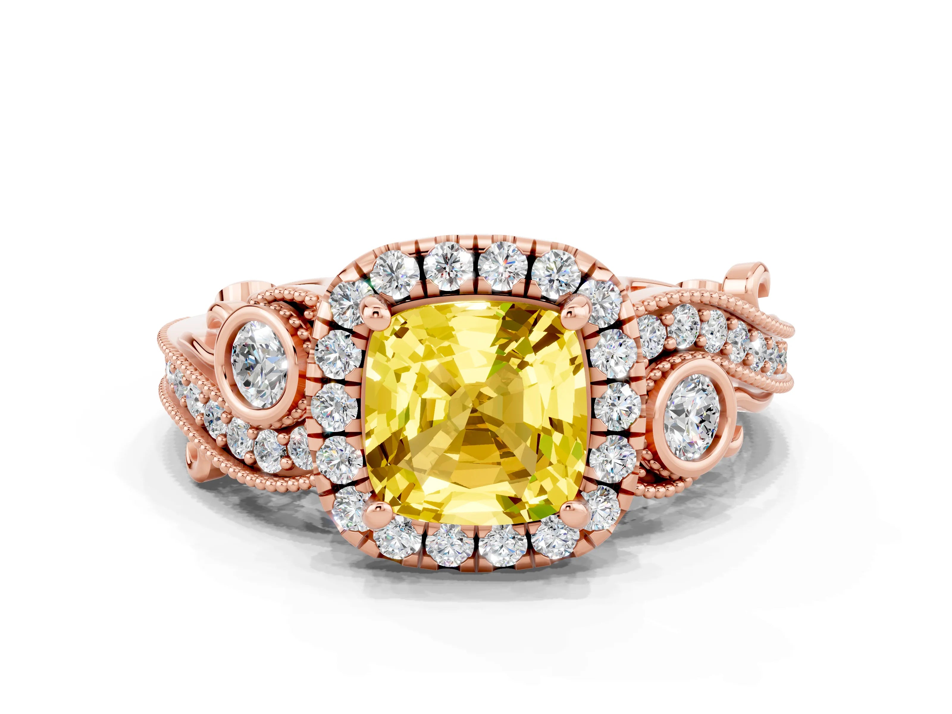 Rose gold Cushion Cut Yellow Sapphire Halo Ring with Milgrain Pavé Band and Four-Prong Setting_12