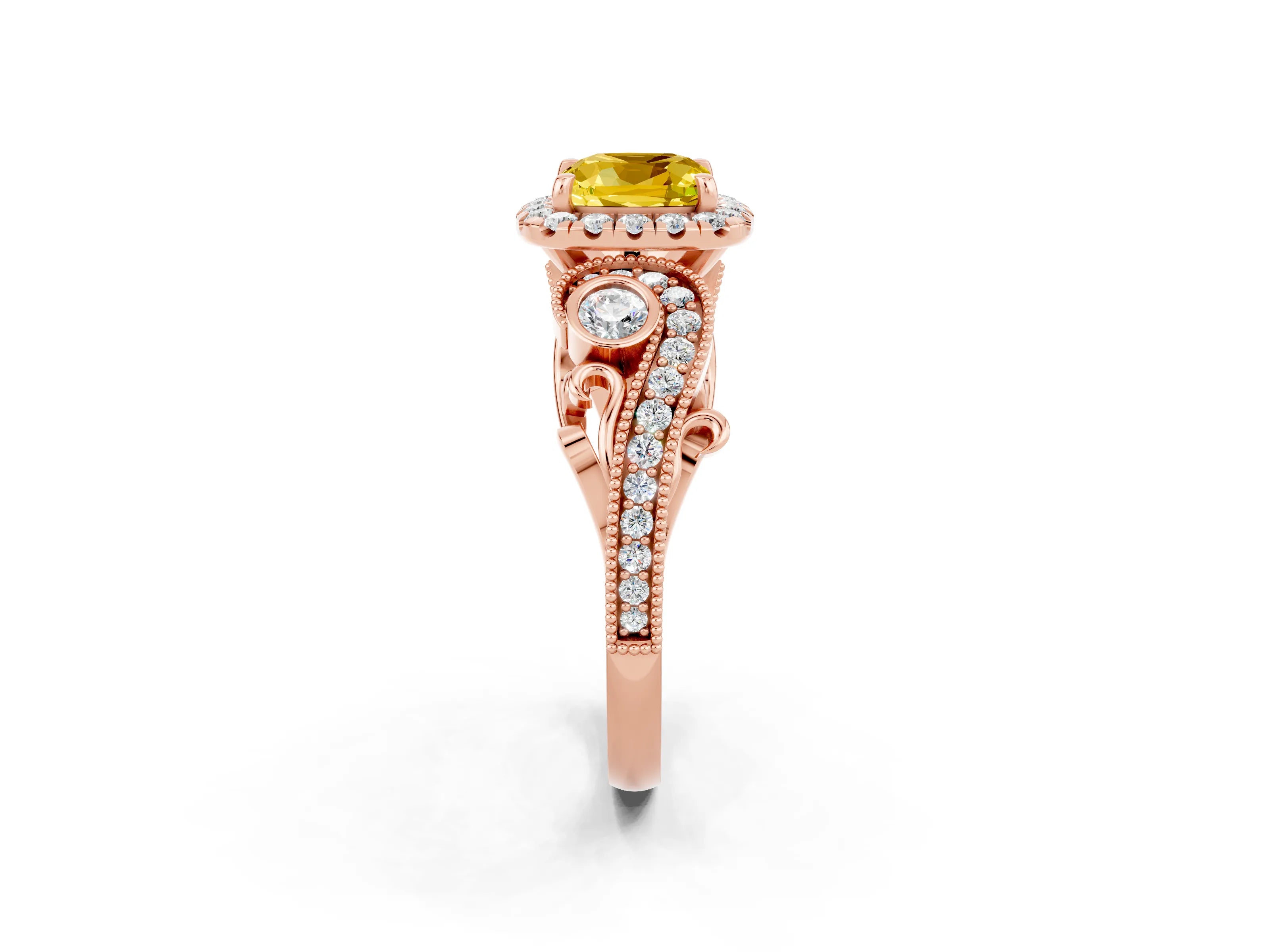 Rose gold Cushion Cut Yellow Sapphire Halo Ring with Milgrain Pavé Band and Four-Prong Setting_14