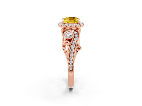 Rose gold Cushion Cut Yellow Sapphire Halo Ring with Milgrain Pavé Band and Four-Prong Setting_14