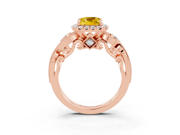Rose gold Cushion Cut Yellow Sapphire Halo Ring with Milgrain Pavé Band and Four-Prong Setting