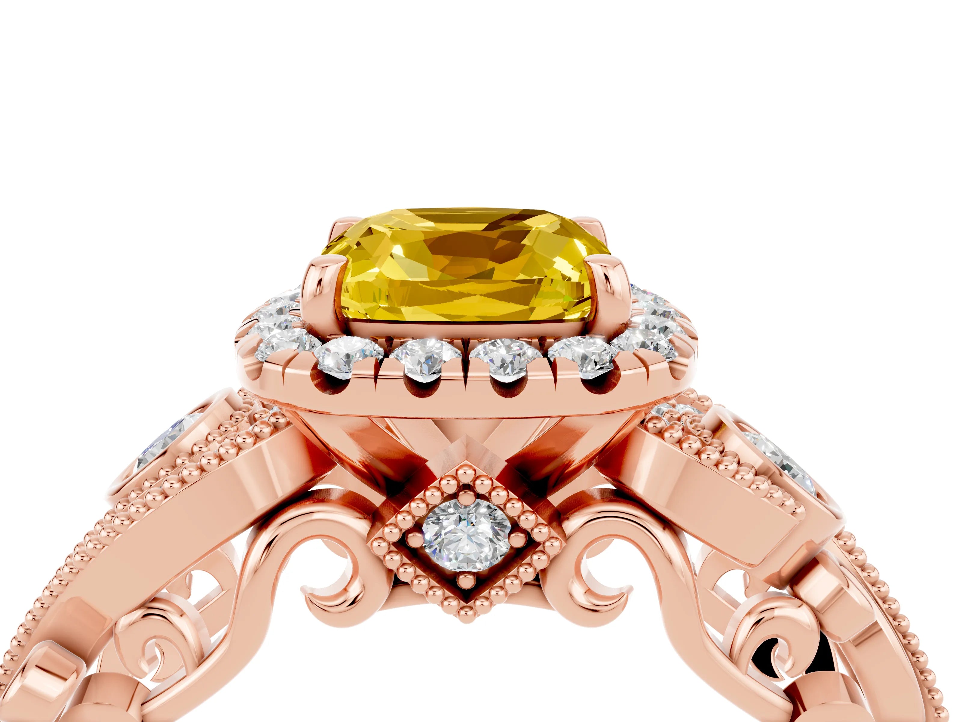 Rose gold Cushion Cut Yellow Sapphire Halo Ring with Milgrain Pavé Band and Four-Prong Setting_16