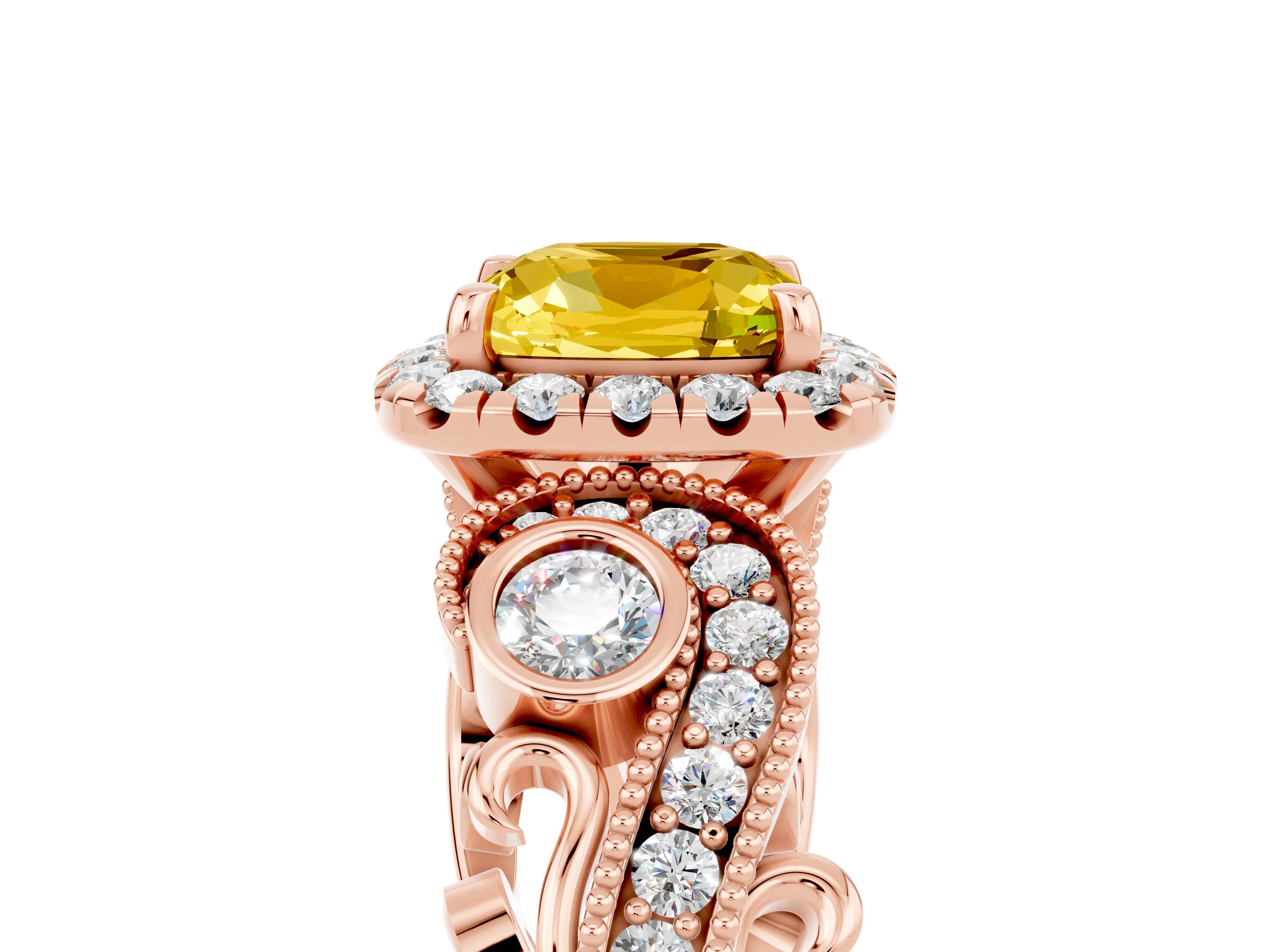 Rose gold Cushion Cut Yellow Sapphire Halo Ring with Milgrain Pavé Band and Four-Prong Setting_17