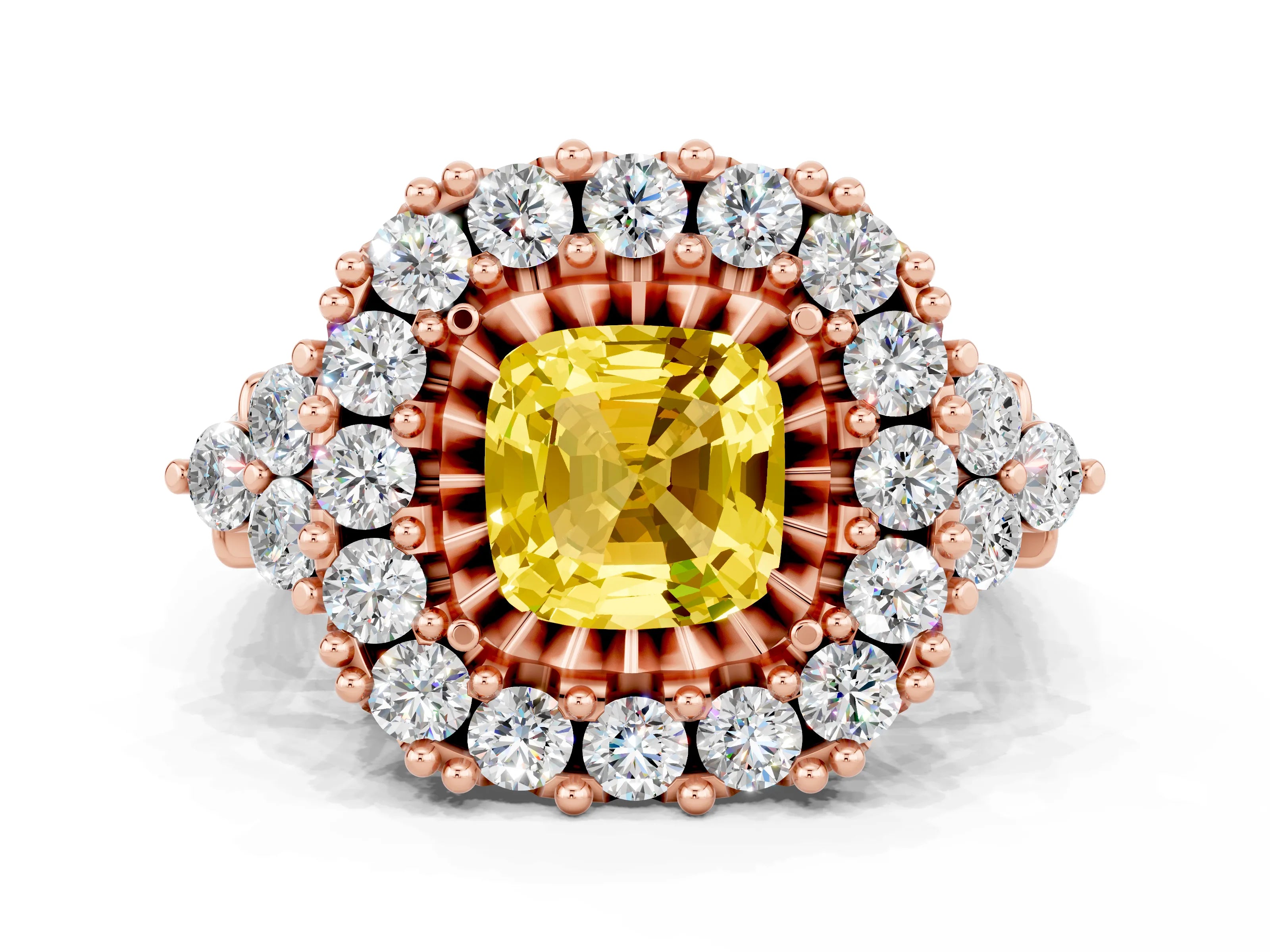 Rose gold Cushion Cut Yellow Sapphire Halo Ring with Pavé Band and Four-Prong Setting_12