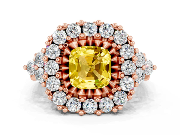 Rose gold Cushion Cut Yellow Sapphire Halo Ring with Pavé Band and Four-Prong Setting