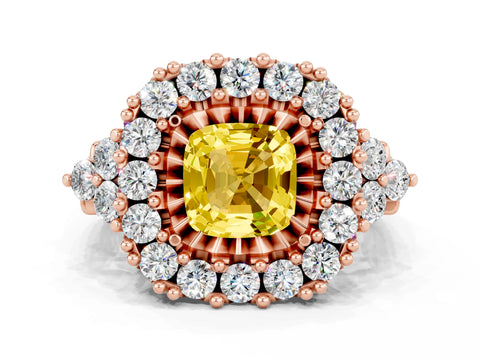 Rose gold Cushion Cut Yellow Sapphire Halo Ring with Pavé Band and Four-Prong Setting_12