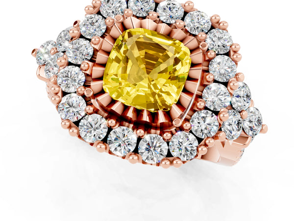 Rose gold Cushion Cut Yellow Sapphire Halo Ring with Pavé Band and Four-Prong Setting
