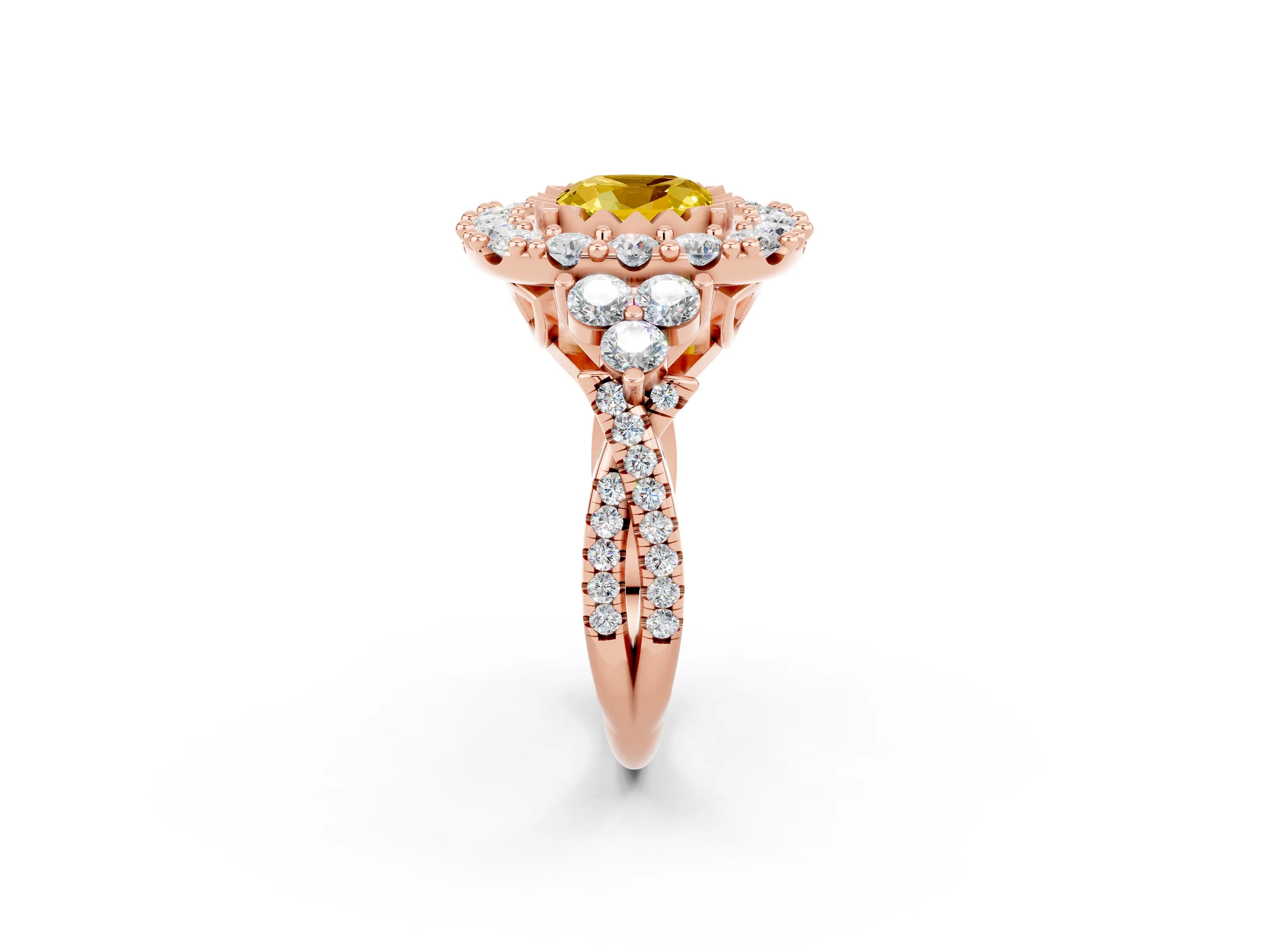 Rose gold Cushion Cut Yellow Sapphire Halo Ring with Pavé Band and Four-Prong Setting_14