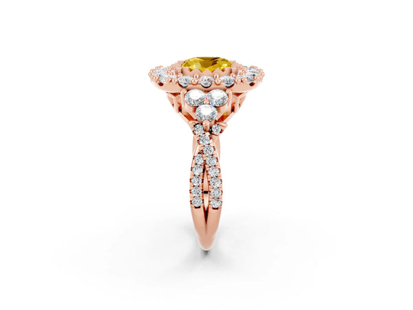 Rose gold Cushion Cut Yellow Sapphire Halo Ring with Pavé Band and Four-Prong Setting
