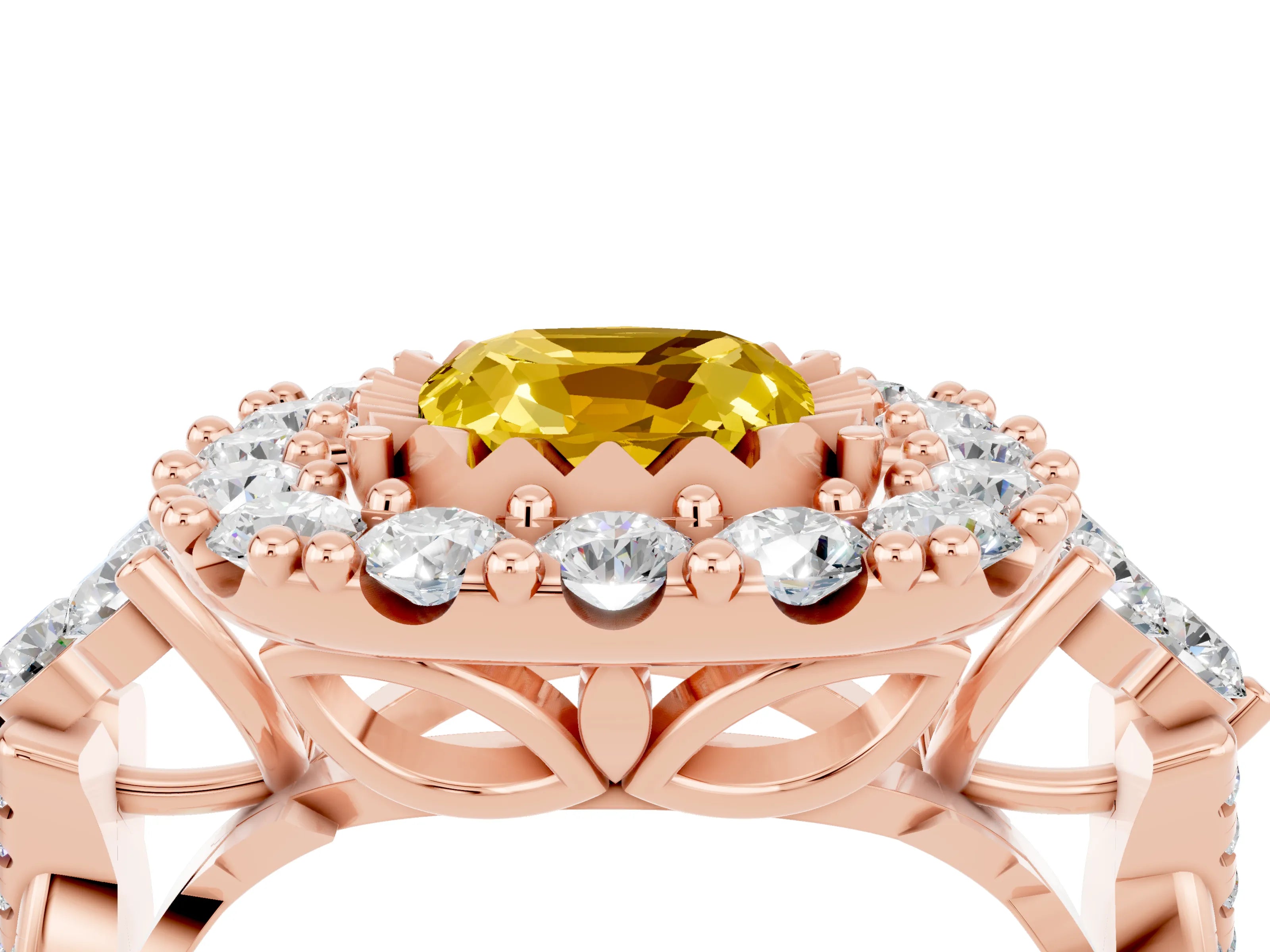 Rose gold Cushion Cut Yellow Sapphire Halo Ring with Pavé Band and Four-Prong Setting_16