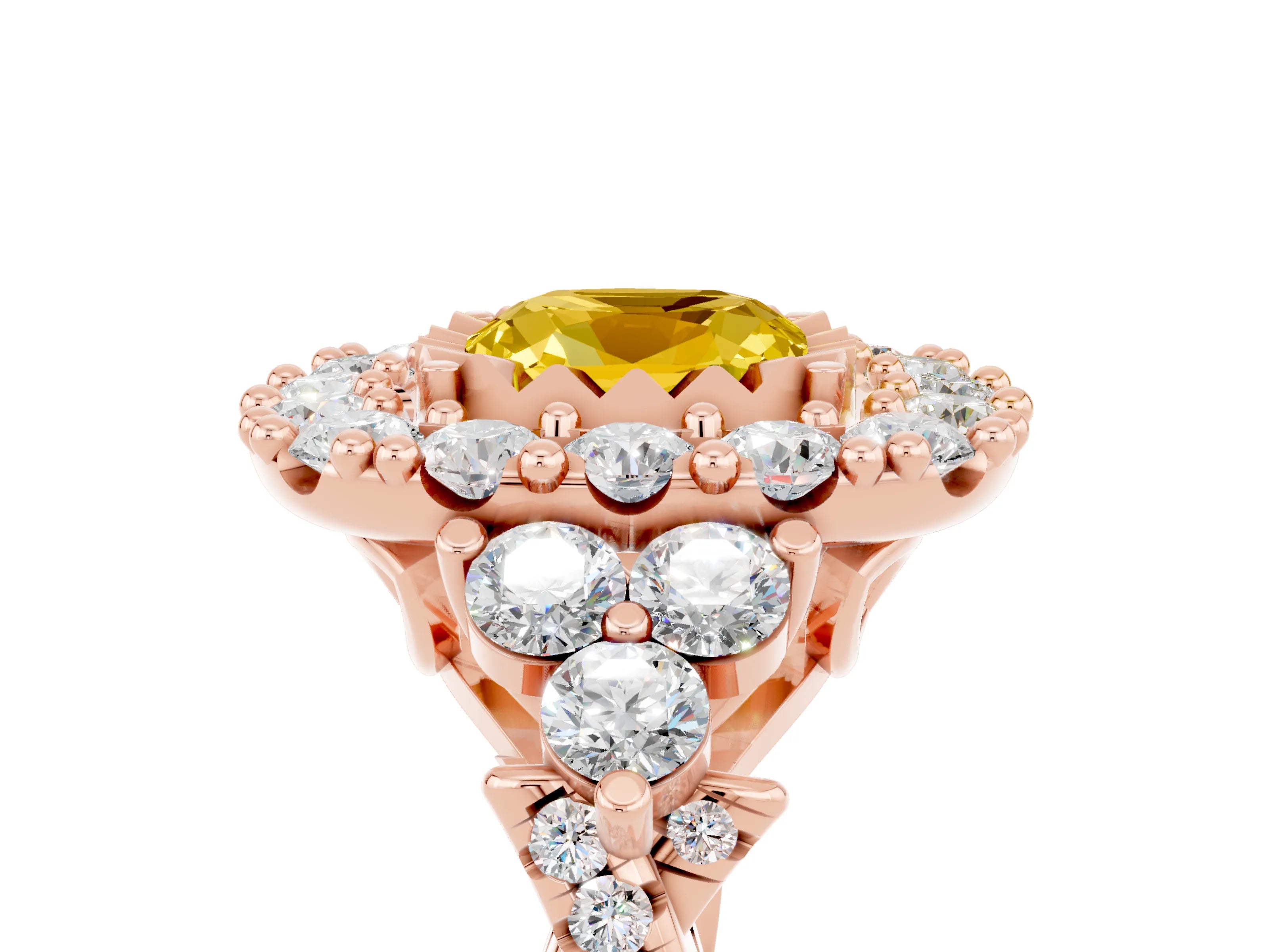 Rose gold Cushion Cut Yellow Sapphire Halo Ring with Pavé Band and Four-Prong Setting_17