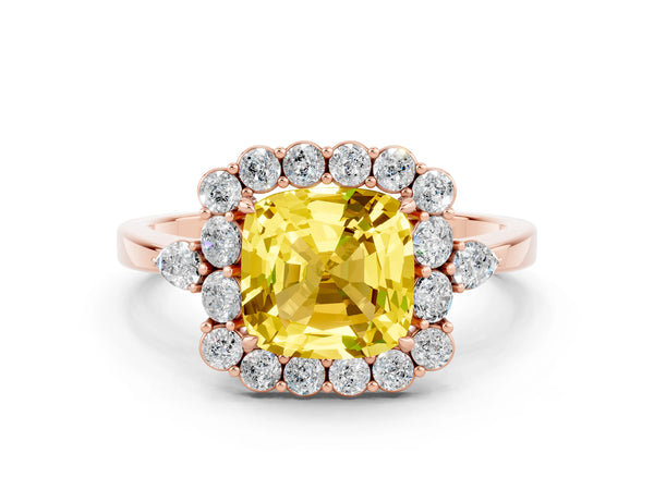 Rose gold Cushion Cut Yellow Sapphire Halo Ring with Pear Side Stones and Prong Setting