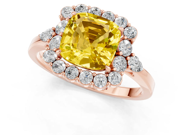 Rose gold Cushion Cut Yellow Sapphire Halo Ring with Pear Side Stones and Prong Setting