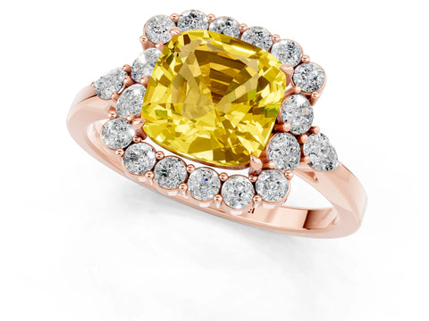 Rose gold Cushion Cut Yellow Sapphire Halo Ring with Pear Side Stones and Prong Setting_13