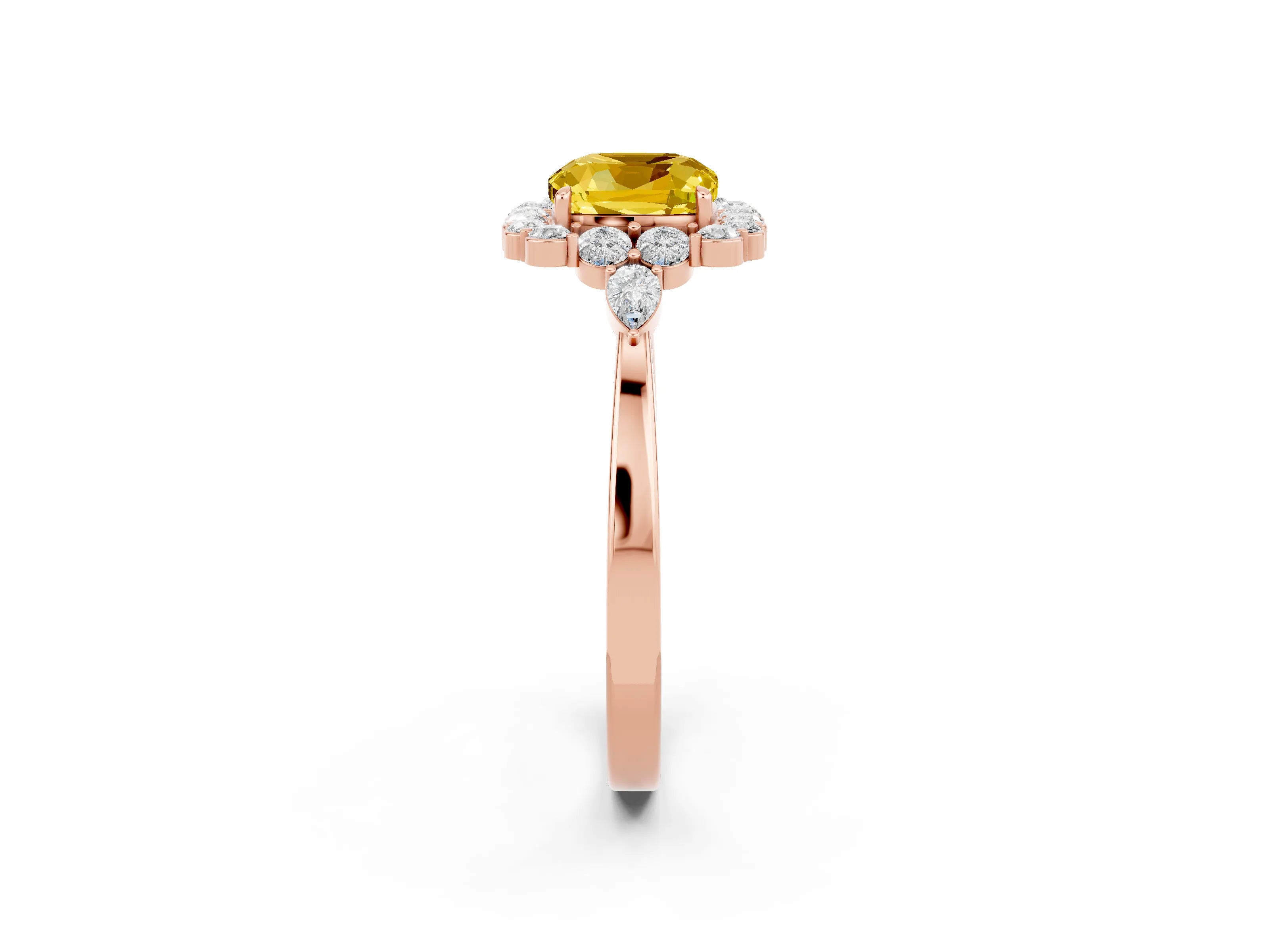 Rose gold Cushion Cut Yellow Sapphire Halo Ring with Pear Side Stones and Prong Setting_14