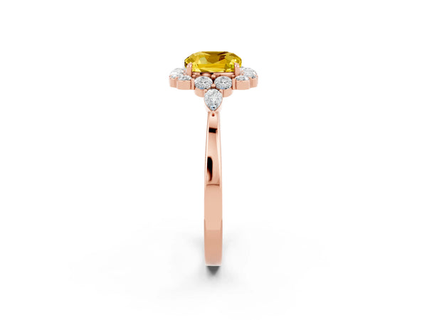 Rose gold Cushion Cut Yellow Sapphire Halo Ring with Pear Side Stones and Prong Setting