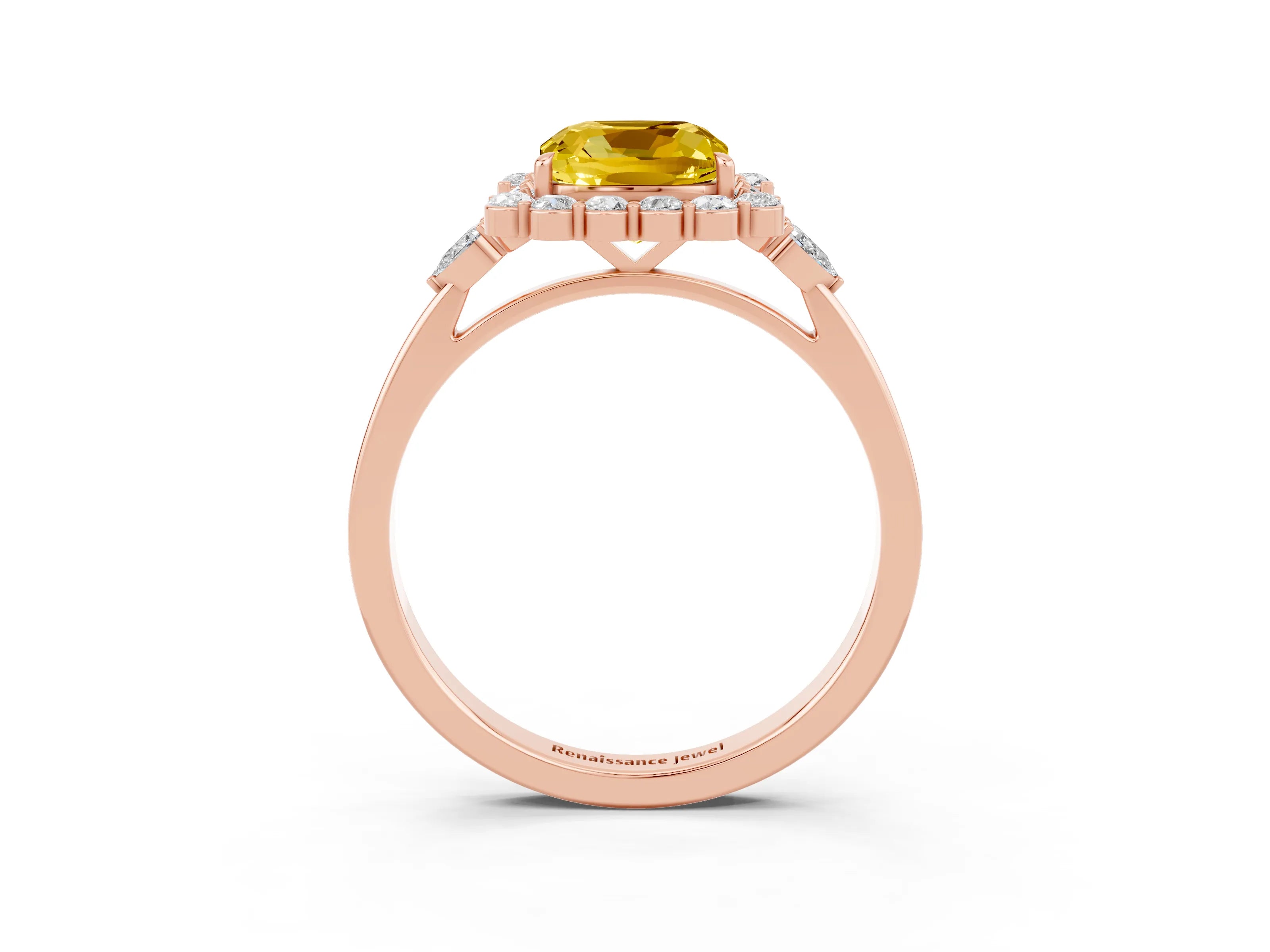 Rose gold Cushion Cut Yellow Sapphire Halo Ring with Pear Side Stones and Prong Setting_15