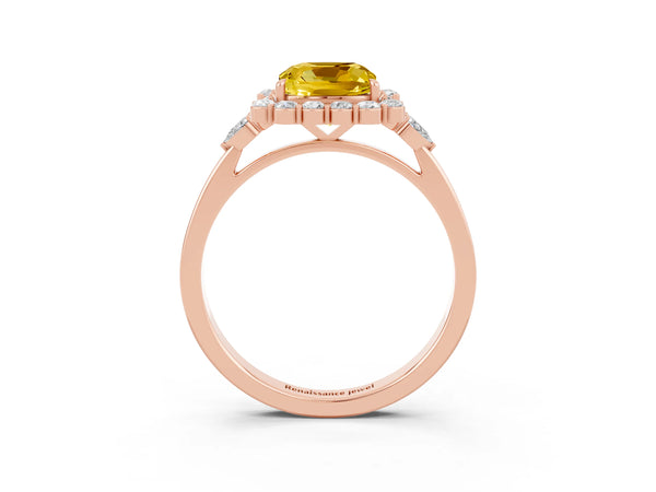 Rose gold Cushion Cut Yellow Sapphire Halo Ring with Pear Side Stones and Prong Setting