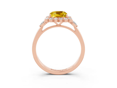 Rose gold Cushion Cut Yellow Sapphire Halo Ring with Pear Side Stones and Prong Setting_15
