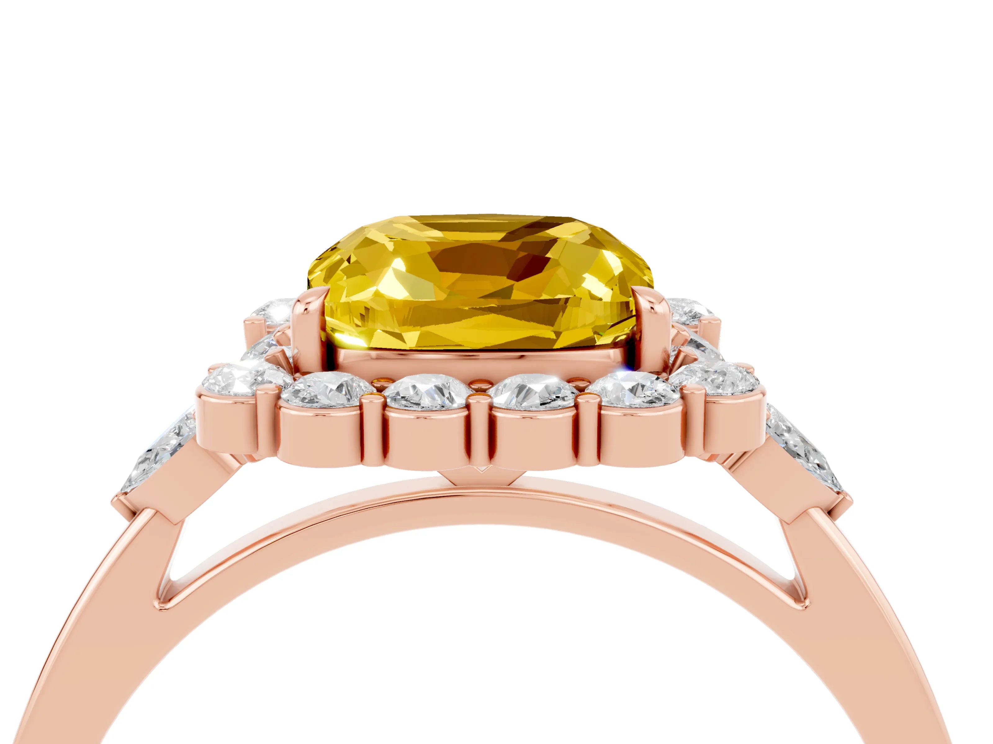 Rose gold Cushion Cut Yellow Sapphire Halo Ring with Pear Side Stones and Prong Setting_16