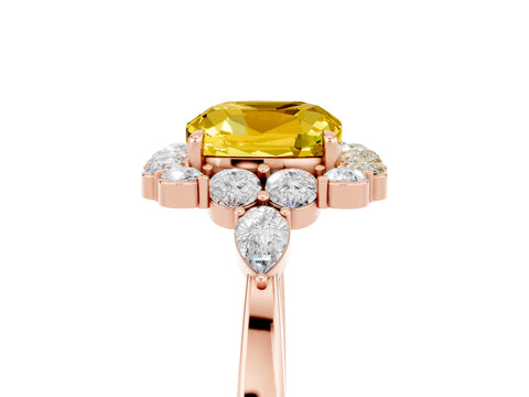 Rose gold Cushion Cut Yellow Sapphire Halo Ring with Pear Side Stones and Prong Setting_17