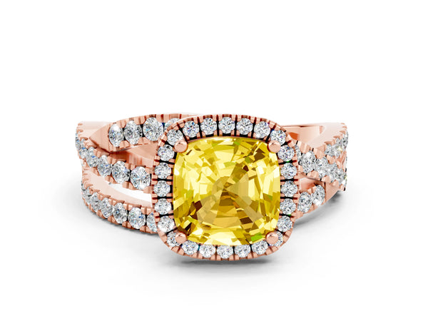 Rose gold Cushion Cut Yellow Sapphire Halo Ring with Round Split Shank and Prong Setting