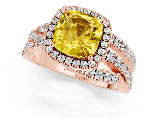Rose gold Cushion Cut Yellow Sapphire Halo Ring with Round Split Shank and Prong Setting