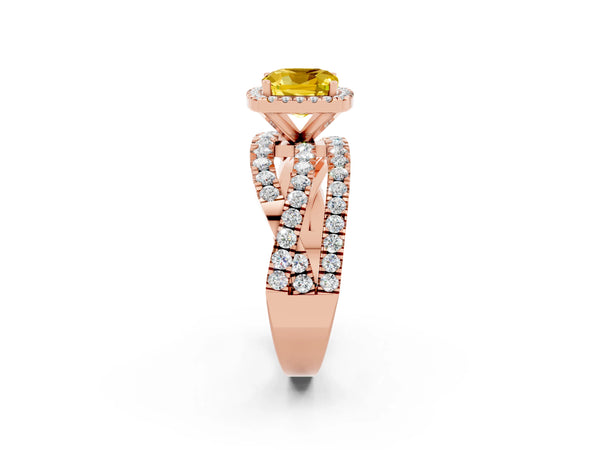 Rose gold Cushion Cut Yellow Sapphire Halo Ring with Round Split Shank and Prong Setting