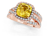 Rose gold Cushion Cut Yellow Sapphire Halo Ring with Round Split Shank and Prong Setting_49