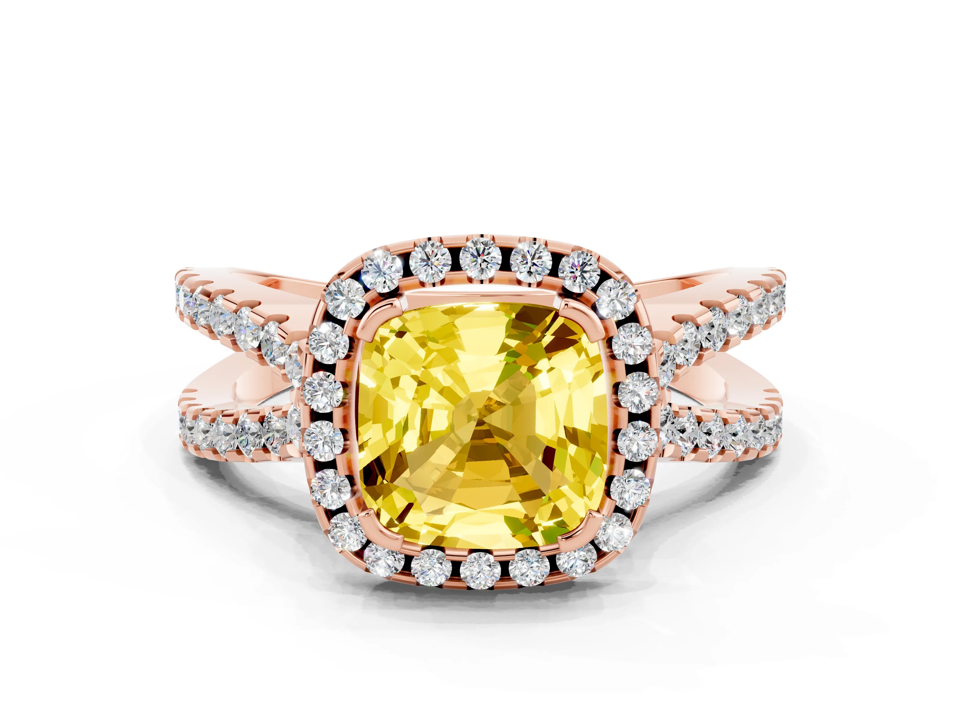 Rose gold Cushion Cut Yellow Sapphire Halo Ring with Split Shank Pavé Band and Prong Setting_12