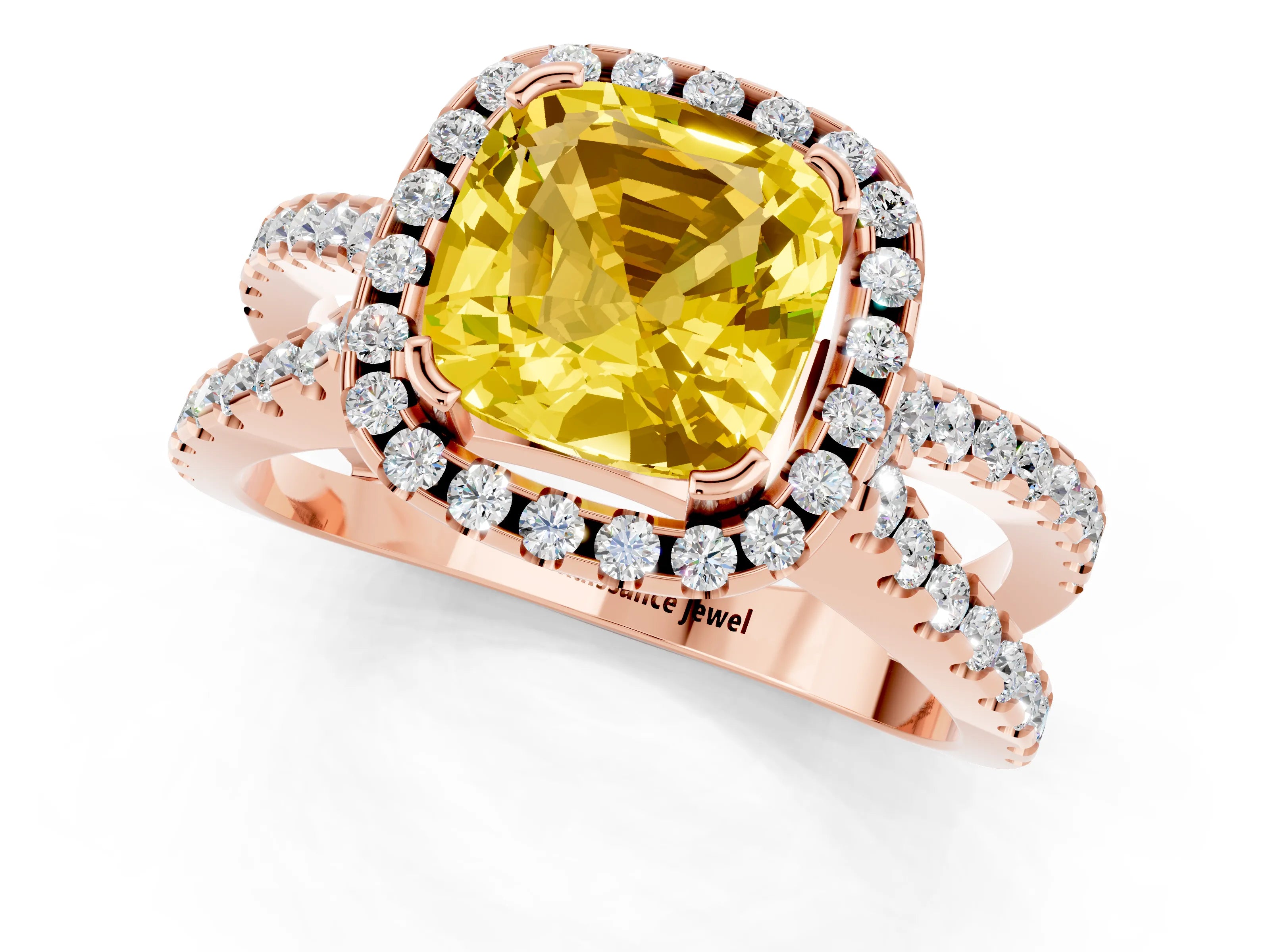 Rose gold Cushion Cut Yellow Sapphire Halo Ring with Split Shank Pavé Band and Prong Setting_13