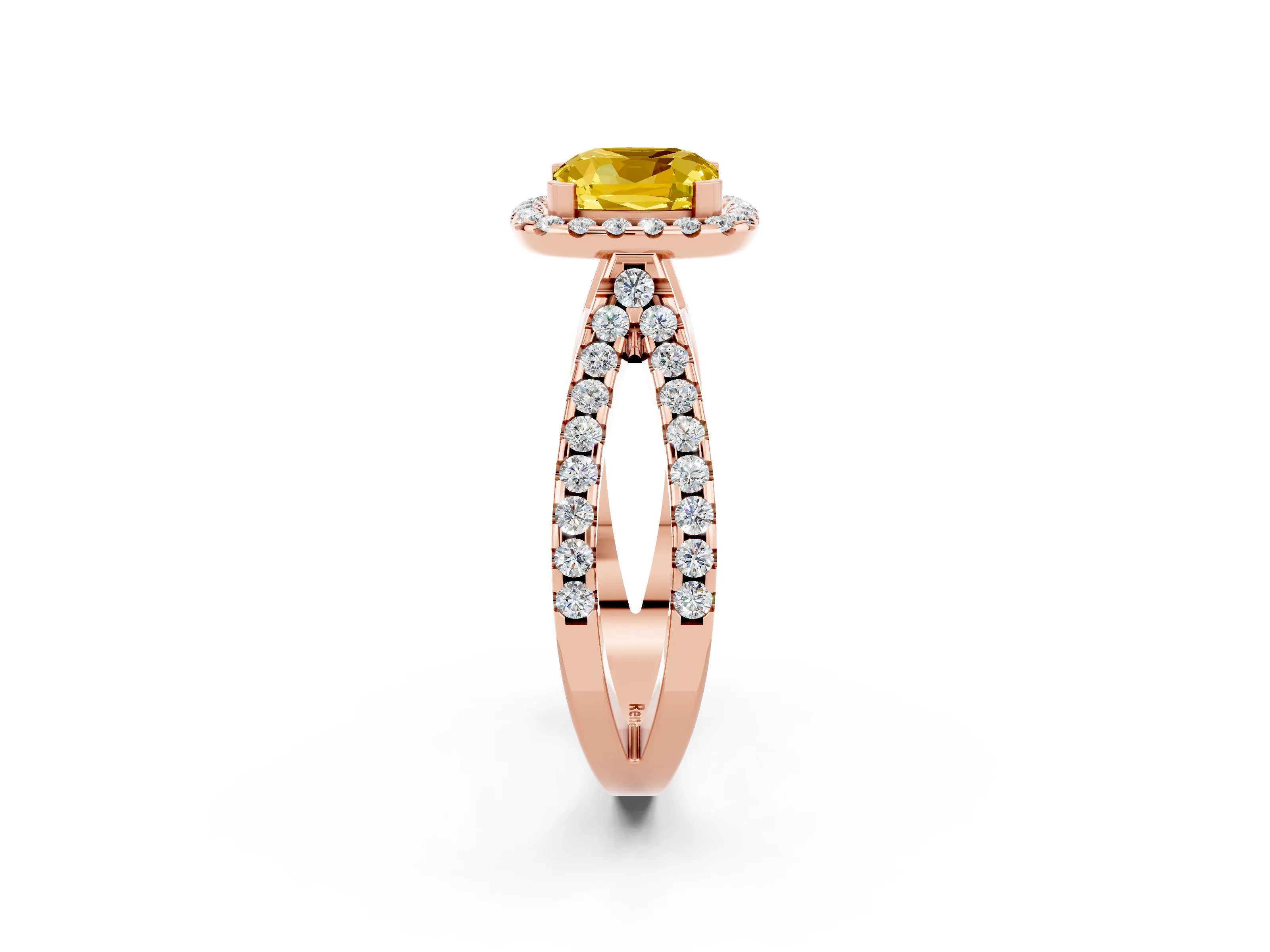 Rose gold Cushion Cut Yellow Sapphire Halo Ring with Split Shank Pavé Band and Prong Setting_14