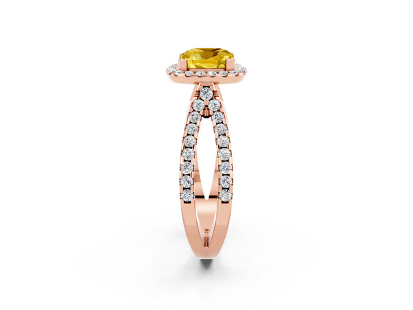 Rose gold Cushion Cut Yellow Sapphire Halo Ring with Split Shank Pavé Band and Prong Setting