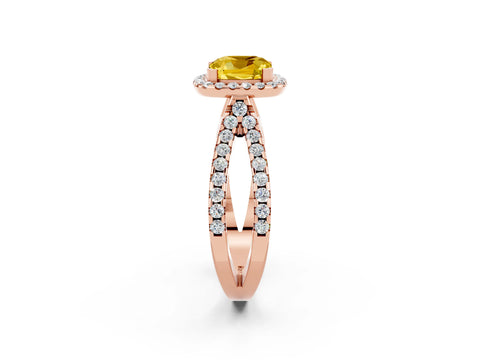 Rose gold Cushion Cut Yellow Sapphire Halo Ring with Split Shank Pavé Band and Prong Setting_14